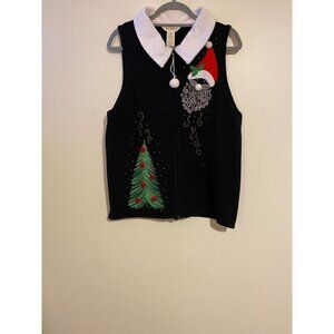 Sophia Jayne Womens Christmas Vest Large Black Full Zip Pom Pom Detail Artsy